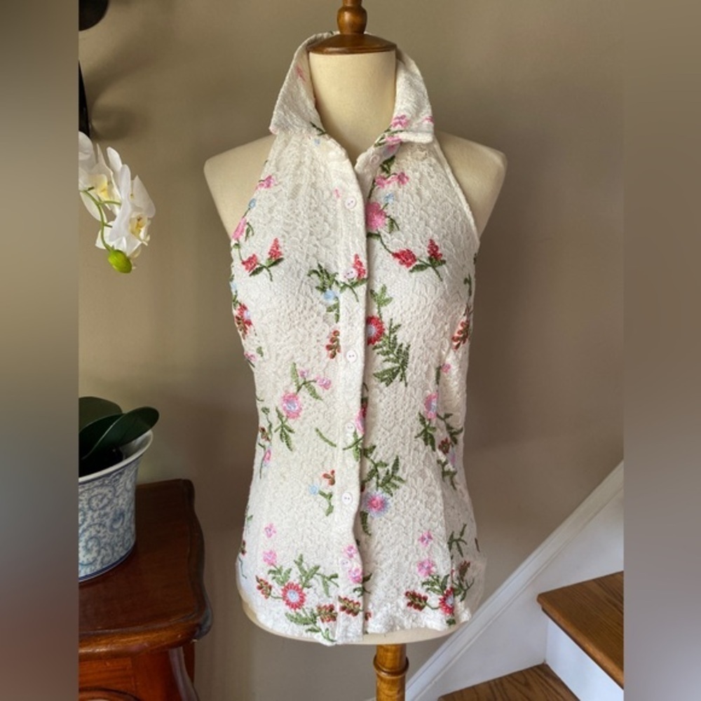 Anthropologie Eva Franco Sleeveless Lace Button Down Top